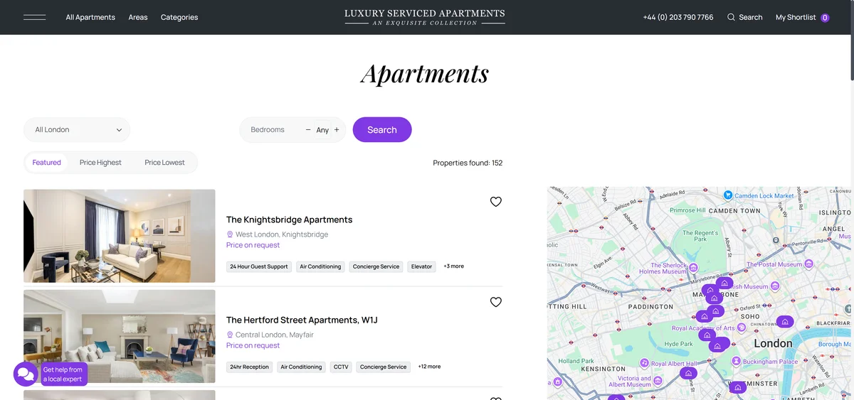 Split-screen map with purple property pins