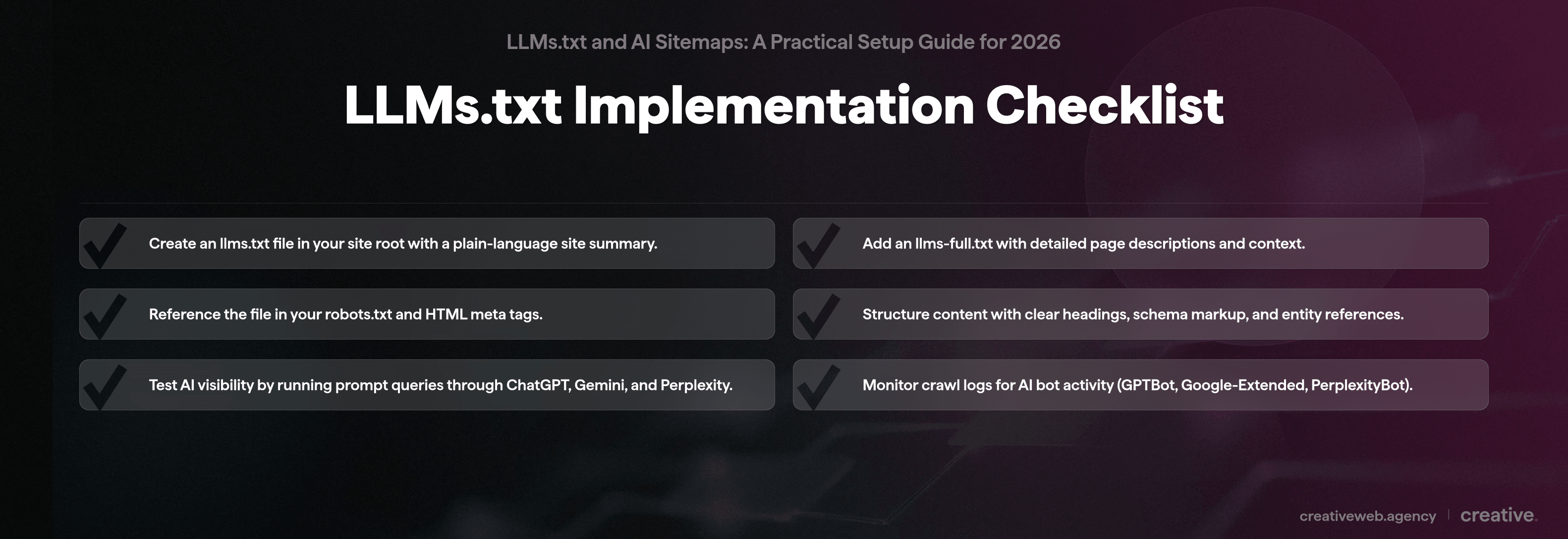 LLMs.txt implementation checklist with six steps for WordPress and bespoke sites