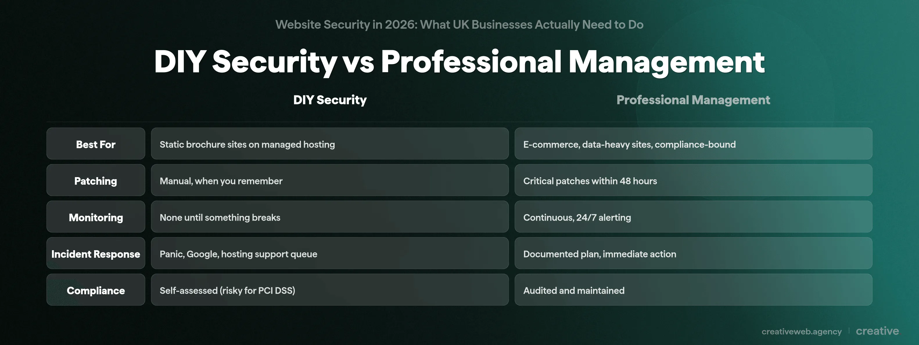 Comparison of DIY website security versus professional management across patching monitoring and compliance